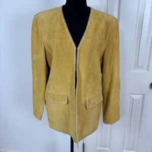 Terry Lewis Suede Leather‎ Jacket Medium Western Boho Trim Buckskin Color